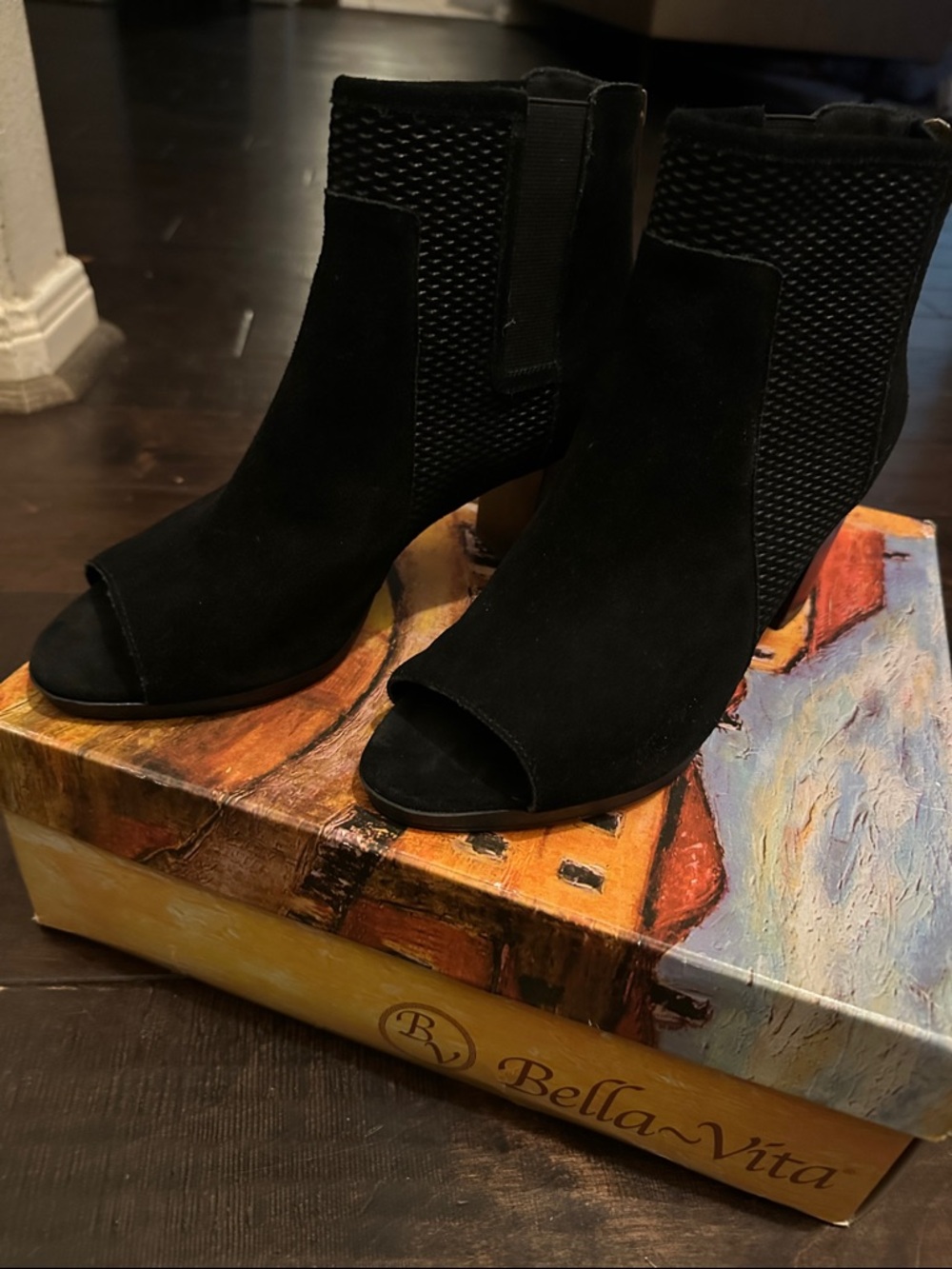 Bella Vita Black Suede Peep-Toe Ankle Booties